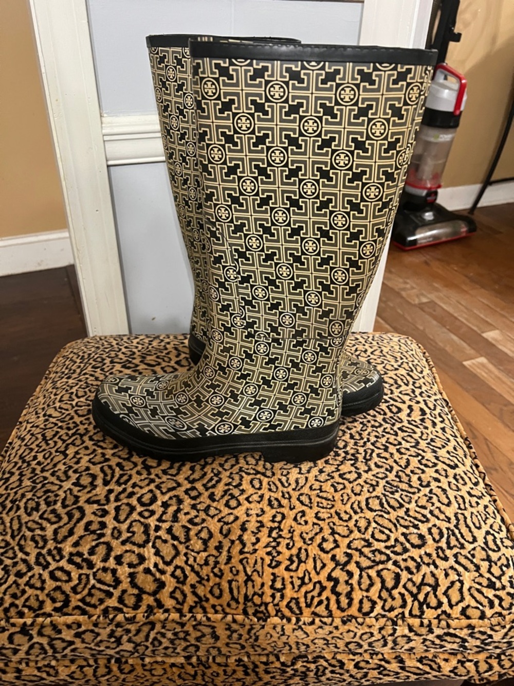 Tory Burch Cream and Black Logo-Print Rain Boots